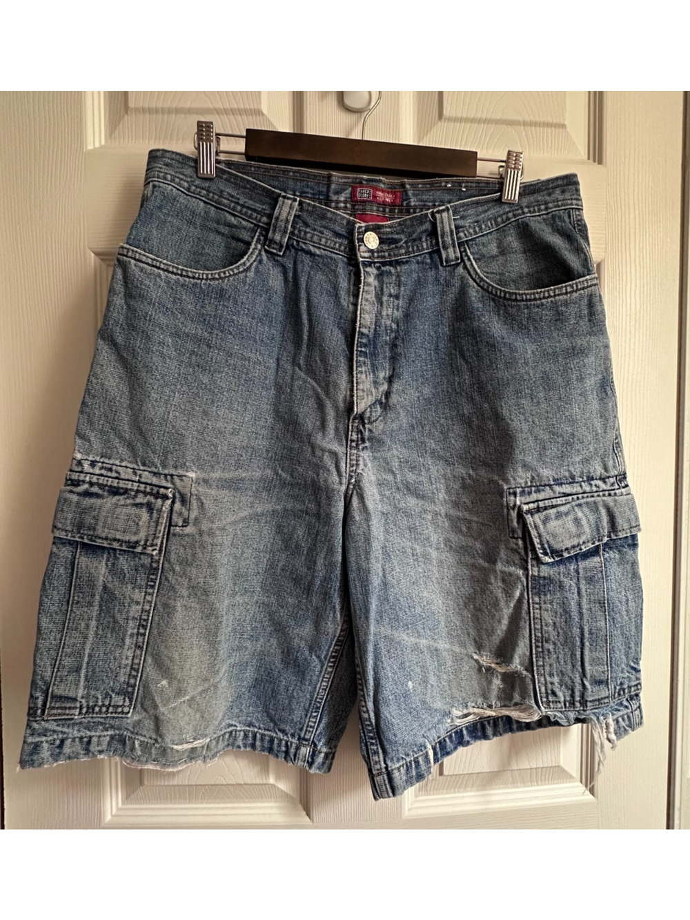 Mens 34W Vintage Y2K Distressed Faded Glory Cargo Denim Jean Shorts Grunge Baggy